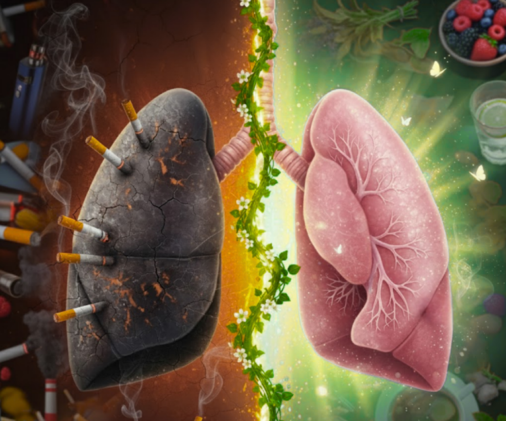 A visual comparison of human lung health, showing a dark, damaged lung on the left surrounded by cigarettes, vapes, and industrial pollution, transitioning through a floral vine to a vibrant, healthy pink lung on the right, supported by a background collage of fresh berries, lemon water, and herbal tea.