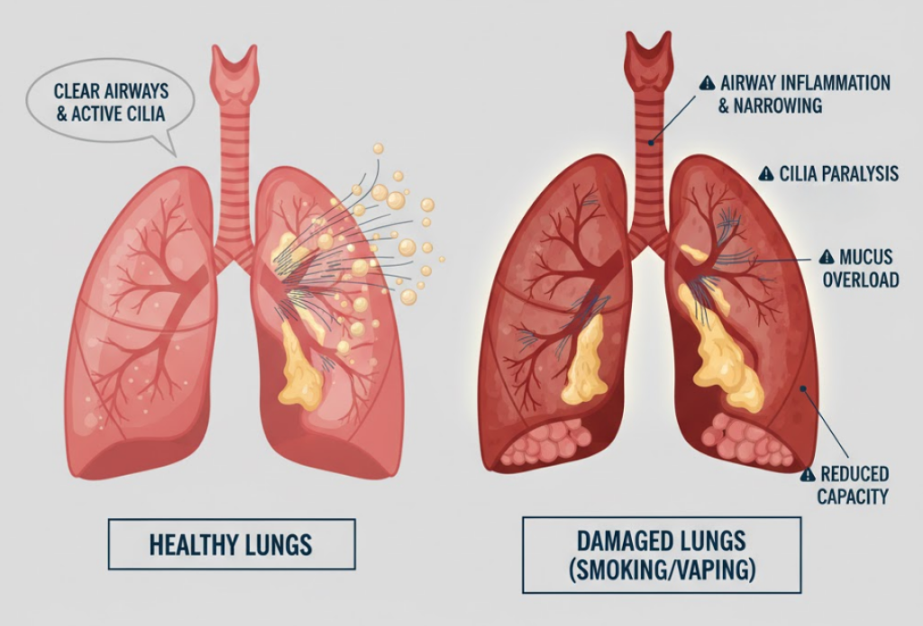 A side-by-side medical illustration comparing healthy lungs to lungs damaged by smoking and vaping. The healthy lung (left) shows clear airways and active cilia. The damaged lung (right) is darker, showing airway inflammation, paralyzed cilia, mucus accumulation, and reduced capacity in the air sacs.