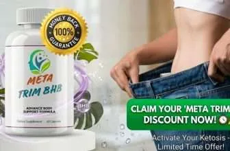 Meta Trim BHB supplement for weight loss. Woman shows weight loss with loose jeans, with discount call to action.