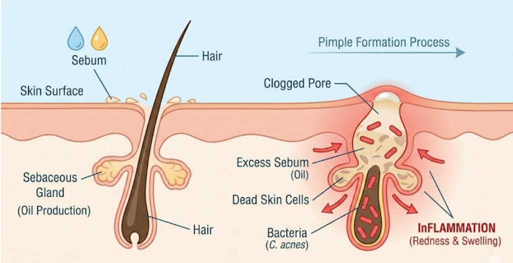 How acne forms clogged pores sebum bacteria diagram