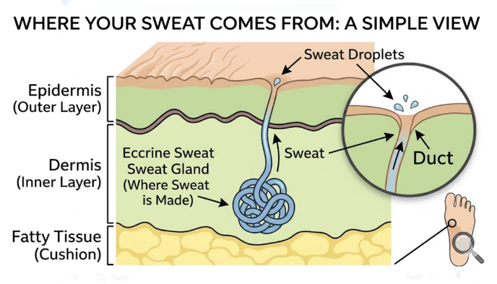 Close-up of human sweat glands on the foot
